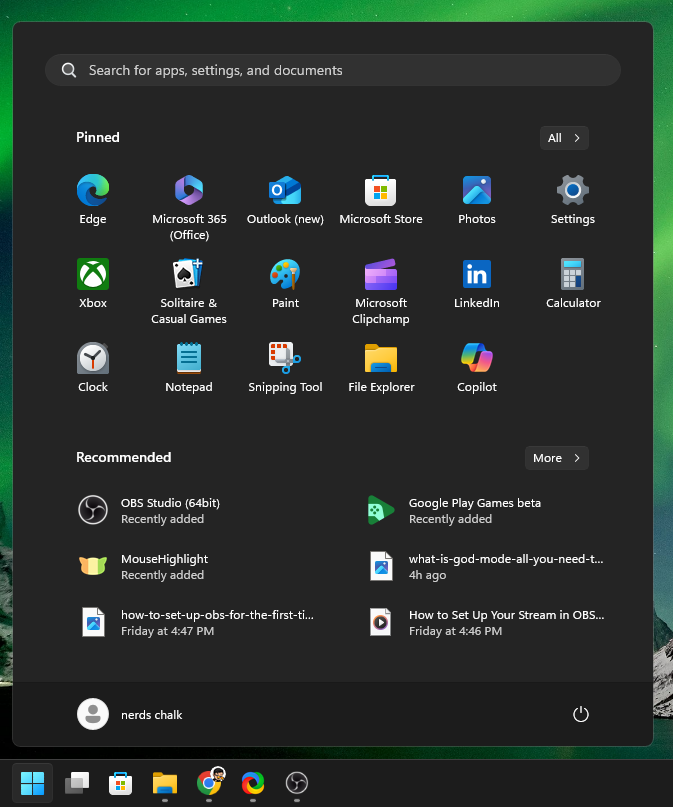 Opened Start menu