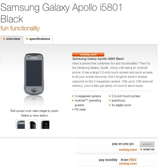 Samsung Apollo, i5801 ‘coming soon’ to Orange UK