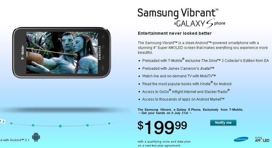 Samsung Vibrant to Launch on July 21 with T-Mobile for $199