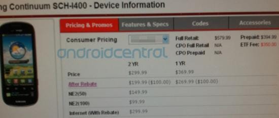 Samsung Continuum Price Revealed. $199.99 with a 2 yr Contract, $579 Unlocked