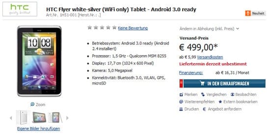 HTC Flyer Priced at €499 for a Wi-Fi only Version at a German Electric Store. Anyone excited?