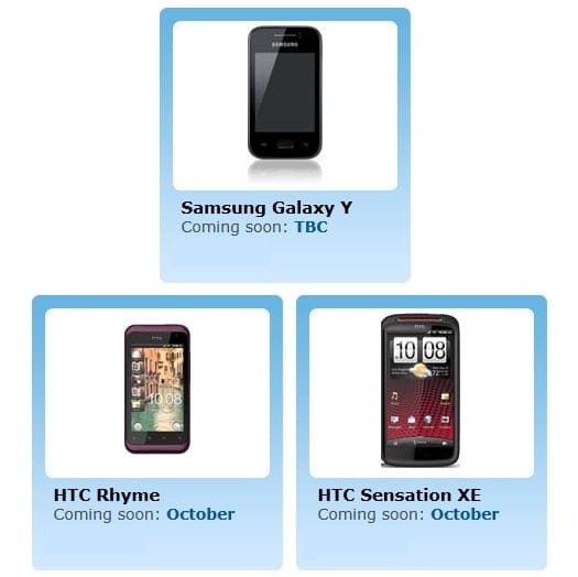 O2 Website Lists HTC Sensation XE, HTC Rhyme and Samsung Galaxy Y