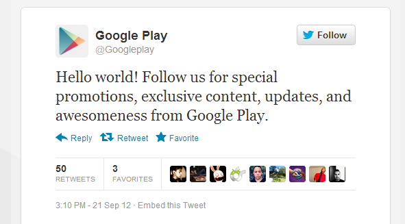 Google Play opens Twitter Account, follow the offers at @Googleplay