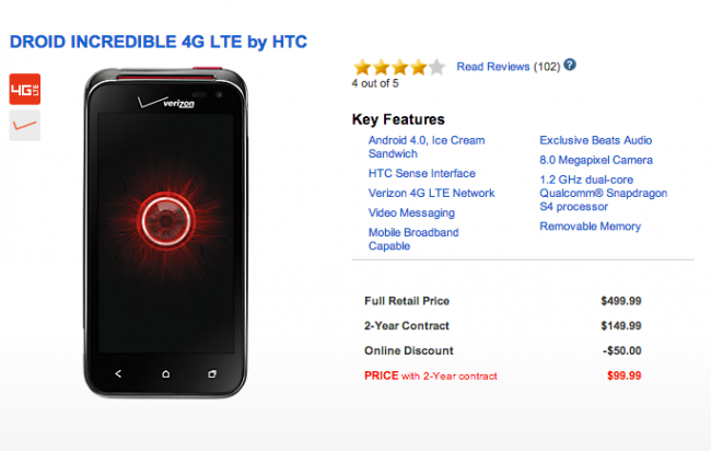 Droid Incredible 4G LTE Price reduced to $99, to make sense