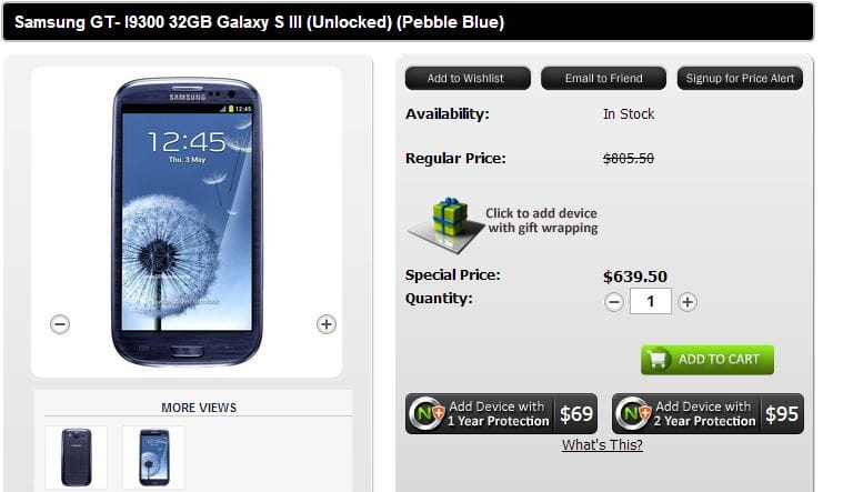 Unlocked Galaxy S3 32 GB Price drops to $639.50 at US online store