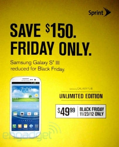 Sprint Galaxy S3 Price to reduce to $50 (75% discount) on Black Friday