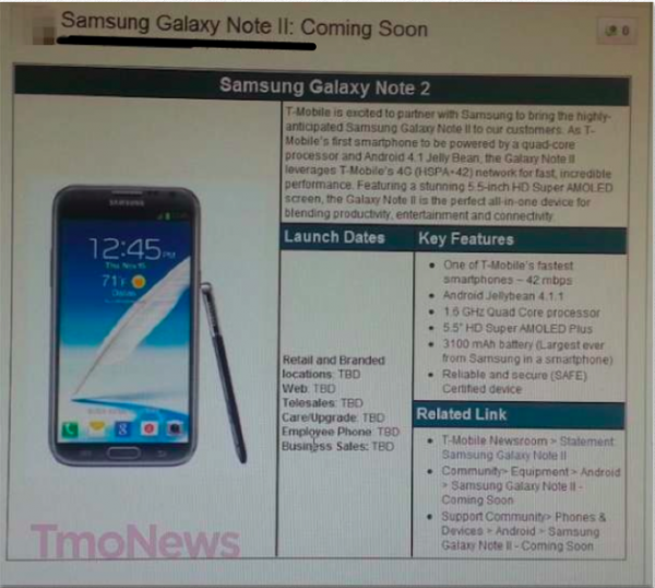 T-Mobile Galaxy Note 2 Specs confirmed in internal memo. Release Date still TBD!