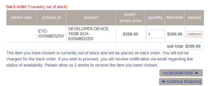 Verizon Galaxy S3 Developer edition is already out of stock