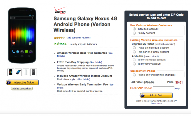 Verizon Galaxy Nexus Price dropped to 1 cent on Amazon