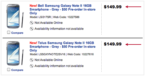 Samsung Galaxy Note 2 Price for Bell and TELUS in Canada