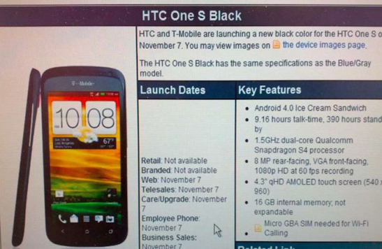 Black HTC One S release date set for Nov 7 at T-Mobile