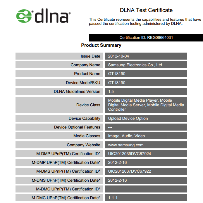 Galaxy S3 Mini GT-I8190 and GT-I8190L gets DLNA certification