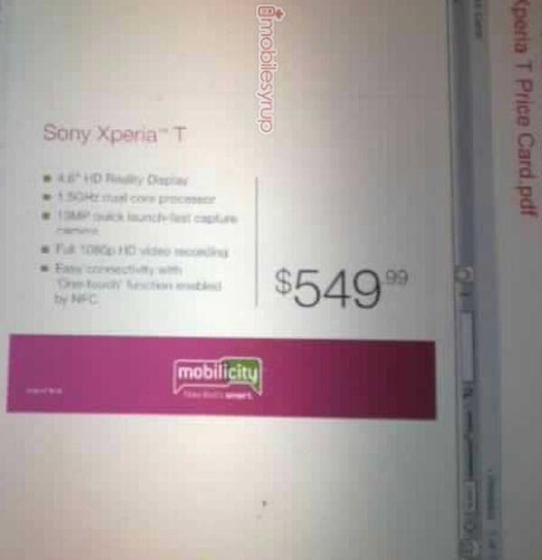 Unlocked Sony Xperia T Price set at $549 in Canada, leaked internal paper reveals