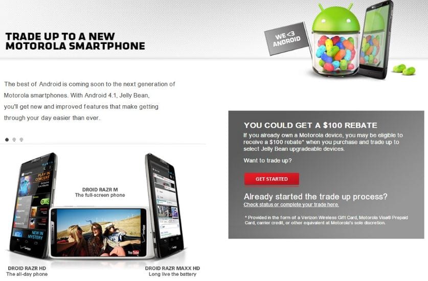 $100 rebate eligible devices under tradeup offer listed out by Motorola