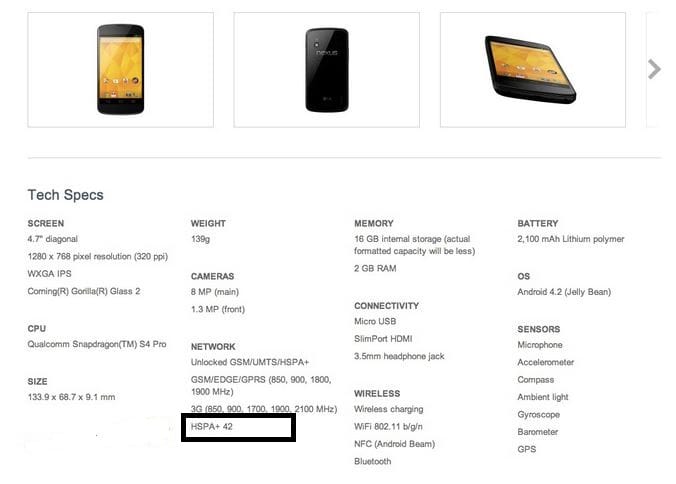Nexus 4 supports HSPA+ 3G with data speeds of 42Mbps, the Play Store page updated to clarify this