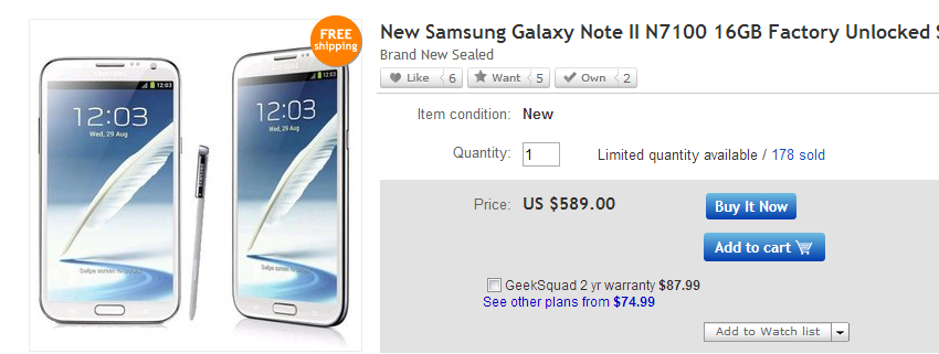 Unlocked Samsung Galaxy Note 2 Price on eBay: $589 only!