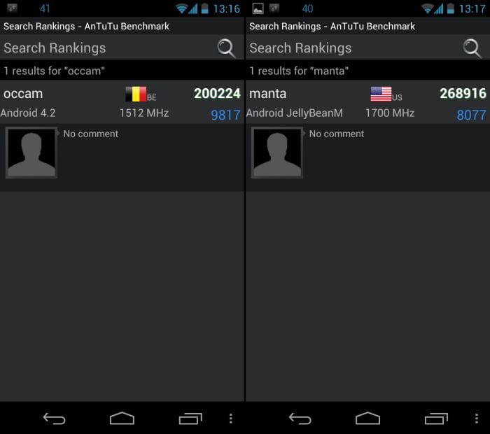 Android 4.2 running Motorola Nexus phone, Occam, found in AnTuTu benchmarks