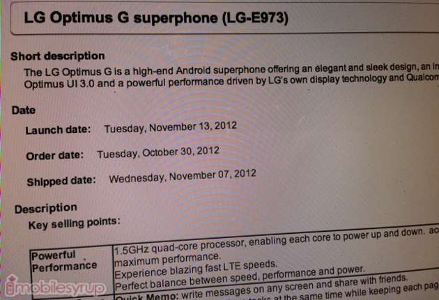 Bell Optimus G release date scheduled for November 13