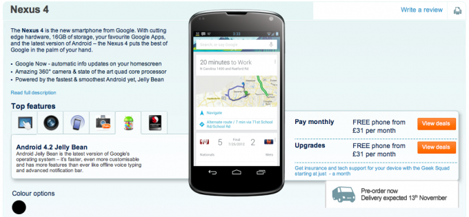 Nexus 4 pre-orders in UK starts at Carphone Warehouse