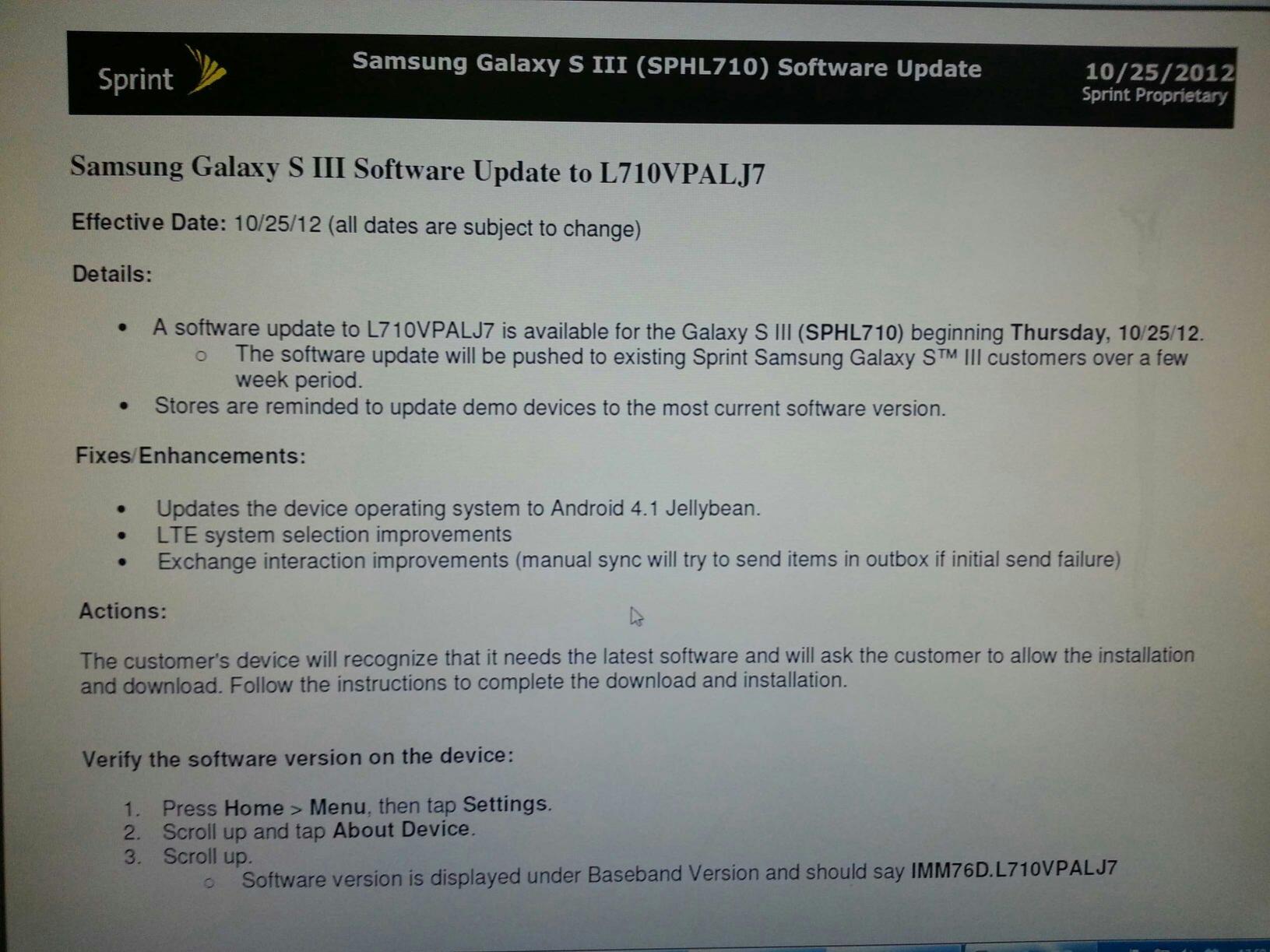 Sprint Galaxy S3 Jelly Bean Update coming on October 25, labelled as L710VPALJ7