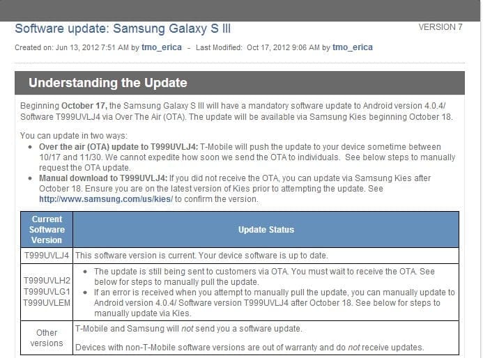 T-Mobile Galaxy S3 OTA Update released, fixes things, no signs of Jelly Bean