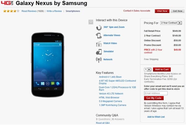 Price of Verizon Galaxy Nexus drops to $50 on contract!