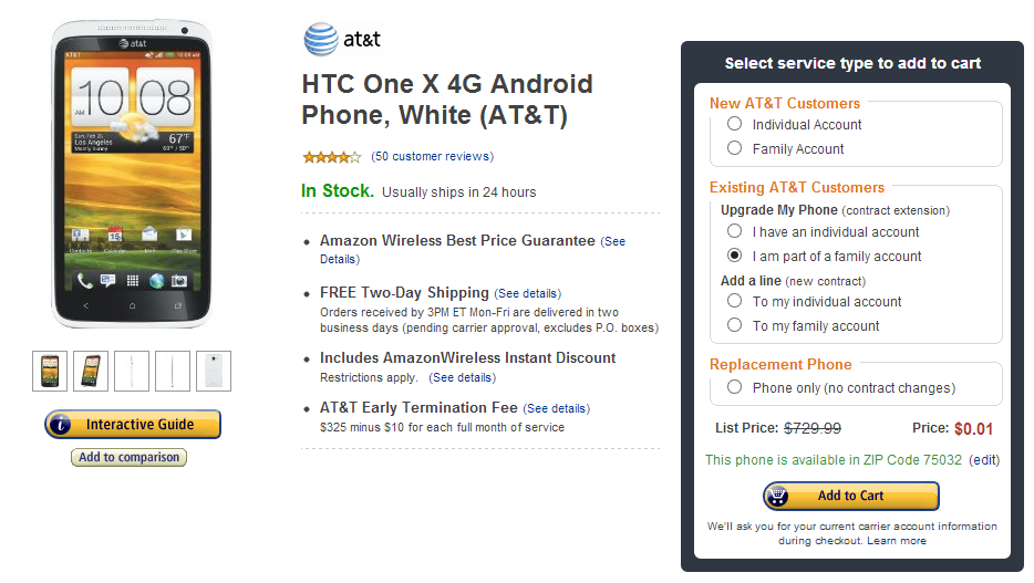 AT&T HTC One X gets a Price drop at Amazon, 1 cent on contract