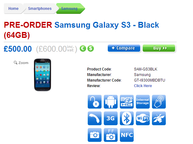 Black Galaxy S3 64GB Price set at £600 in UK, available on pre-order