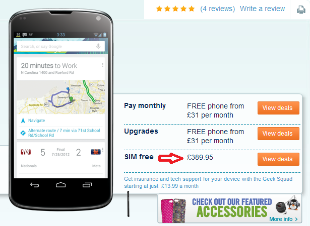 SIM-Free Nexus 4 costs £390 at Carphone Warehouse