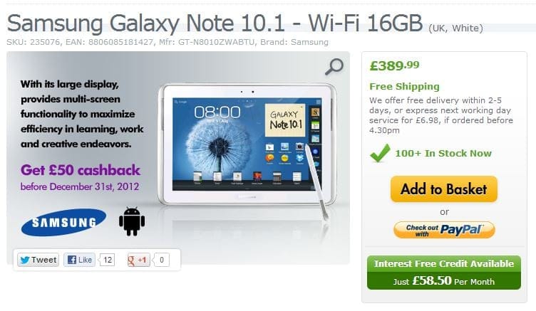 Expansys offering Cashback deal on Samsung Galaxy Tabs and Note 10.1