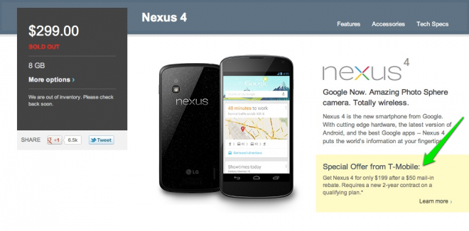 Nexus 4 Google Play page directing users to T-Mobile website; Sold Out at both places though