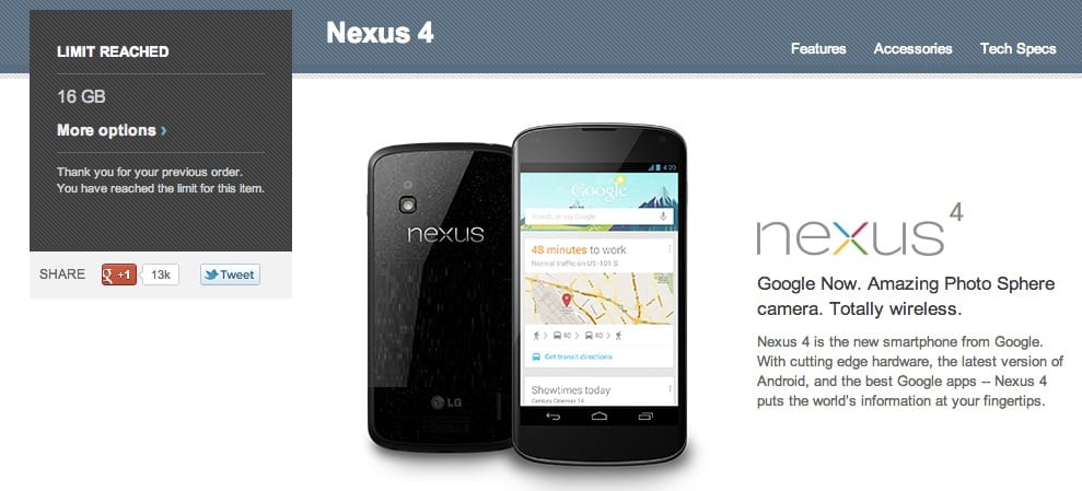 Google limits Nexus 4 purchases to only 2 units per account