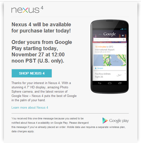 Nexus 4 to be back in stock on Play Store at 12 noon PST today, only in the US though