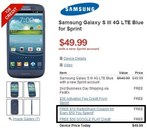 RadioShack giving away $50 Play Store gift cards with Samsung Galaxy S3