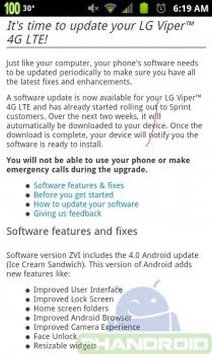 Sprint LG Viper Ice Cream Sandwich Update coming soon