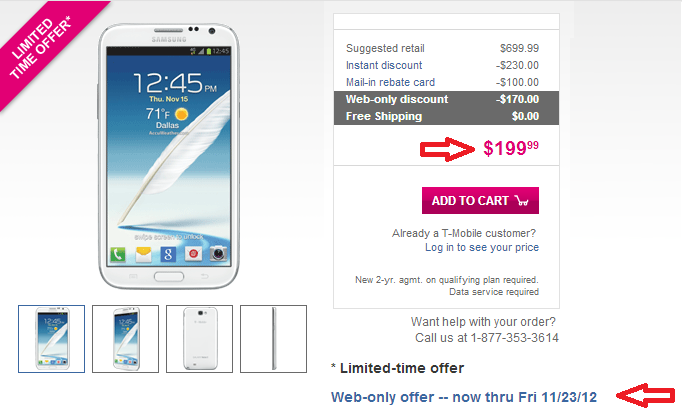 Price of T-Mobile Galaxy Note 2 ($199) and One S (Free) reduced for Black Friday