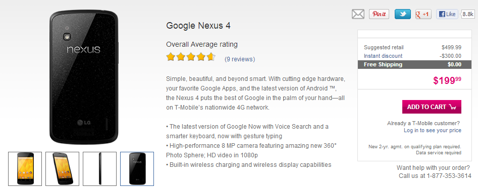 Nexus 4 back in stock at T-Mobile, $200 on contract