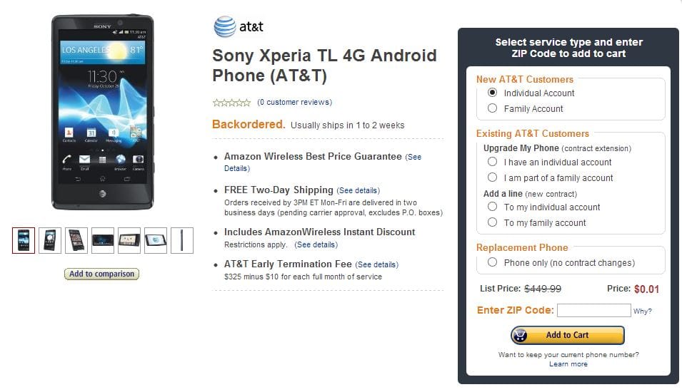 Deal: AT&T’s Sony Xperia TL on sale for $0.01 on Amazon