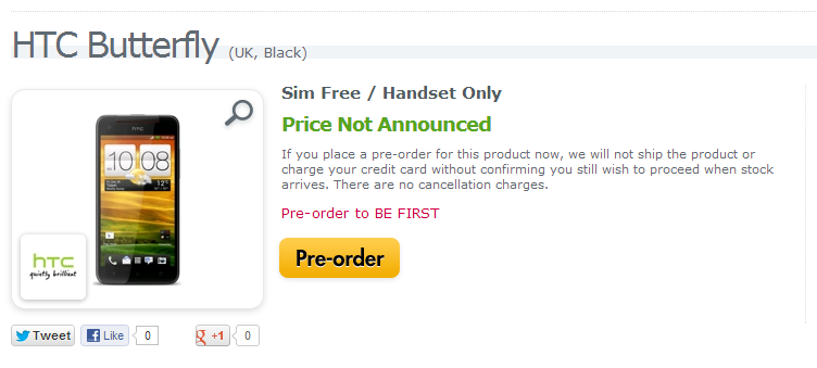 HTC Butterfly shows up on Expansys. Available for pre-order.