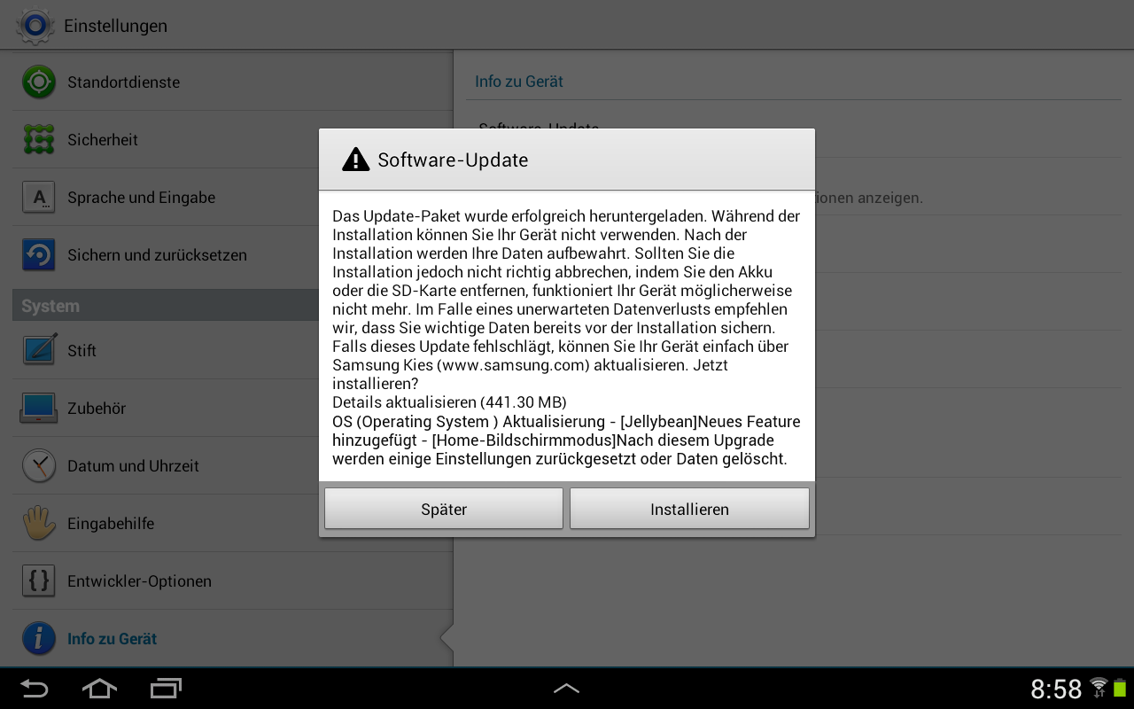 Android 4.1.1 Jelly Bean Update for Samsung Galaxy Tab 10.1 Wi-Fi edition, model GT-N8010