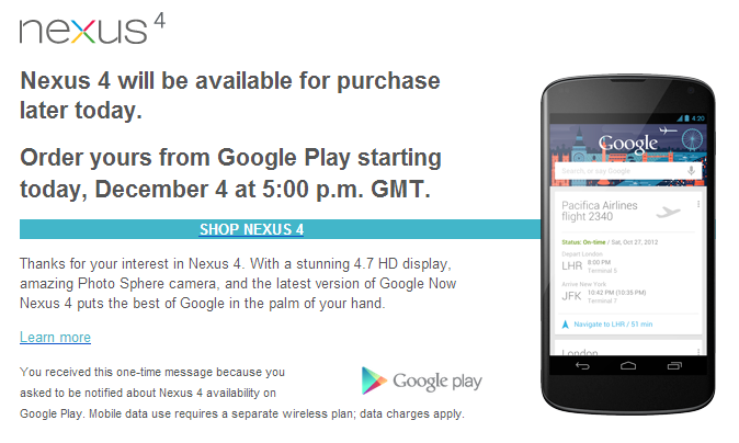 Nexus 4 to go on sale in the UK and Germany at 5PM local time