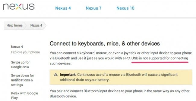 Google indirectly says Nexus 4 doesn’t support USB OTG