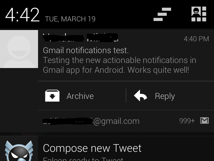 Gmail Android App Updated: now Archive, Delete and Reply straight from Notification bar without opening the app