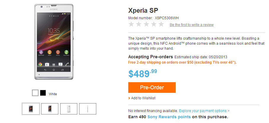 Unlocked Xperia SP up for pre-order in the US on Sony’s online store