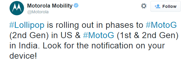 Lollipop update for Motorola Moto G (India) and its 2nd Gen (US+India) now available!