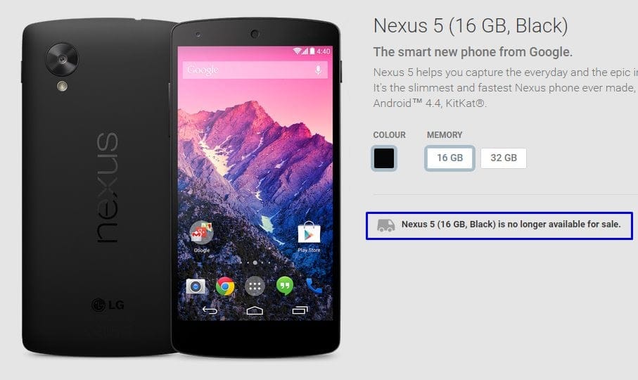 Nexus 5 is gone, no longer available for sale