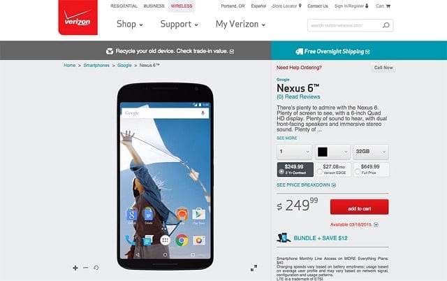 Verizon Lists Google Nexus 6 for Pre-Order for $249