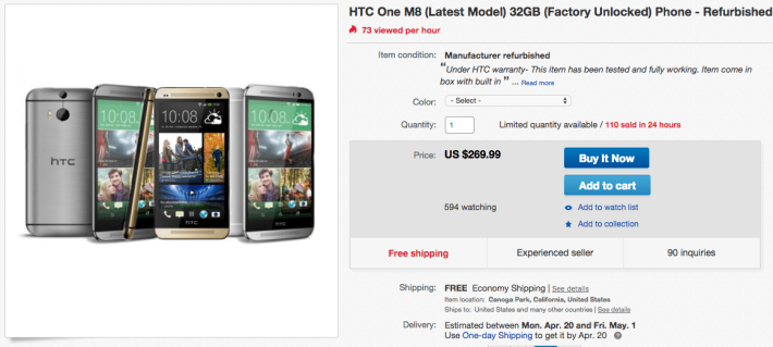 Refurbished Unlocked 32 GB AT&T HTC One M8 Listed on eBay for $270