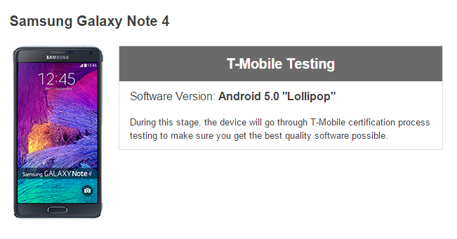 T-Mobile Galaxy Note 4 Lollipop Update goes under testing