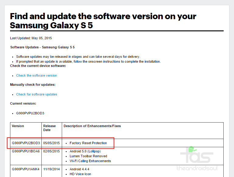 Sprint Galaxy S5 receiving an OTA update with “Factory Reset Protection”, build G900PVPU2BOD3